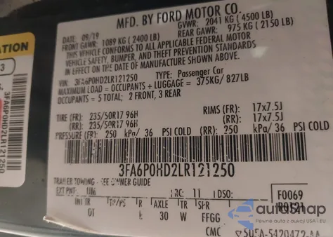 2020 Ford Fusion Se из США, поврежденный, VIN 3FA6P0HD2LR121250